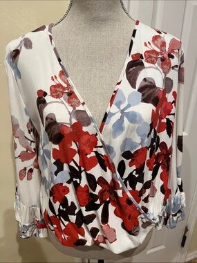lovestitch Eggshell White Floral Wrap Blouse with Red and Blue Accents